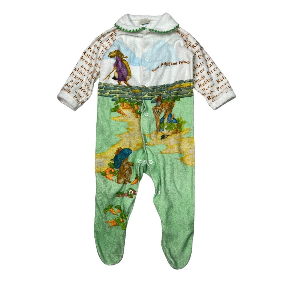 Vintage 60s Peter Rabbit Friends AOP Footed Pajama Sleeper FLAW Baby Lg 19-26lbs